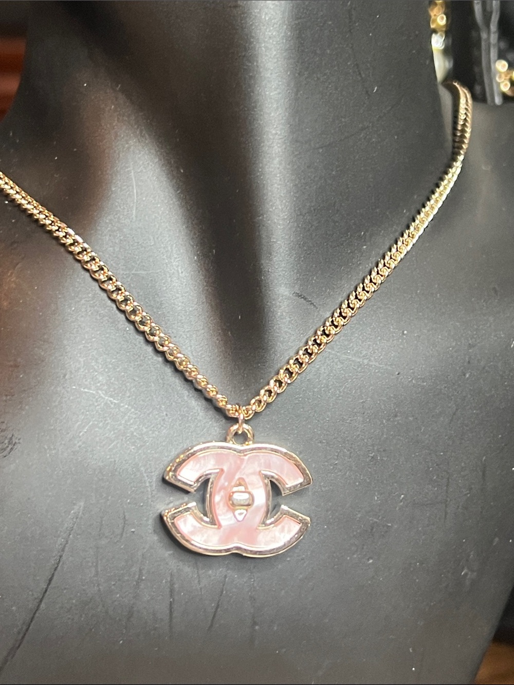Gold-Tone Necklace with Pink Interlocking Logo Pendant